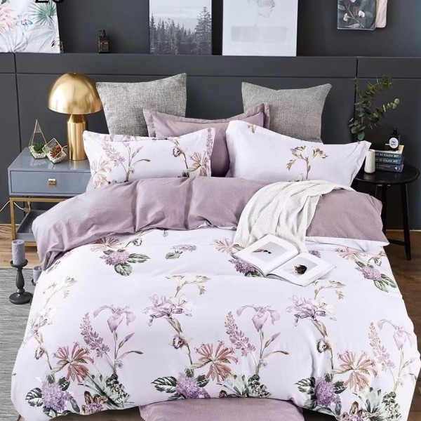 Lenjerie pat dublu (140x200cm, 160x200cm, 180x200cm), FINET, 6 piese, Alb, Lila, flori [1]