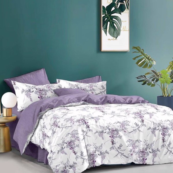 Lenjerie pat dublu (140x200cm, 160x200cm, 180x200cm), FINET, 6 piese, Mov, Alb, flori [1]