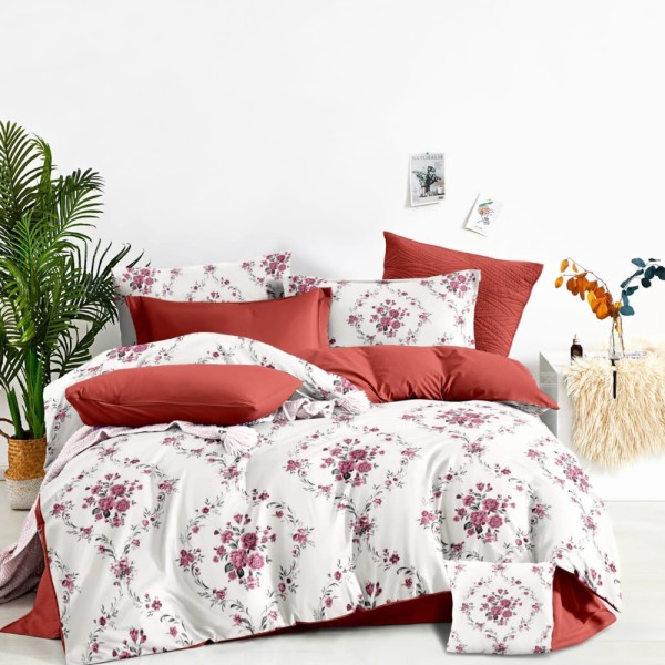 Lenjerie pat dublu (140x200cm, 160x200cm, 180x200cm), FINET, 6 piese, Caramiziu, Alb, flori [1]
