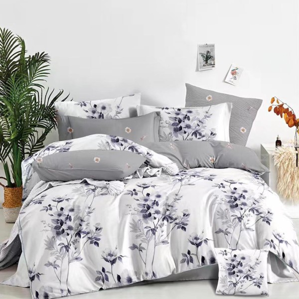 Lenjerie pat dublu (140x200cm, 160x200cm, 180x200cm), FINET, 6 piese, Gri, Alb, flori [1]