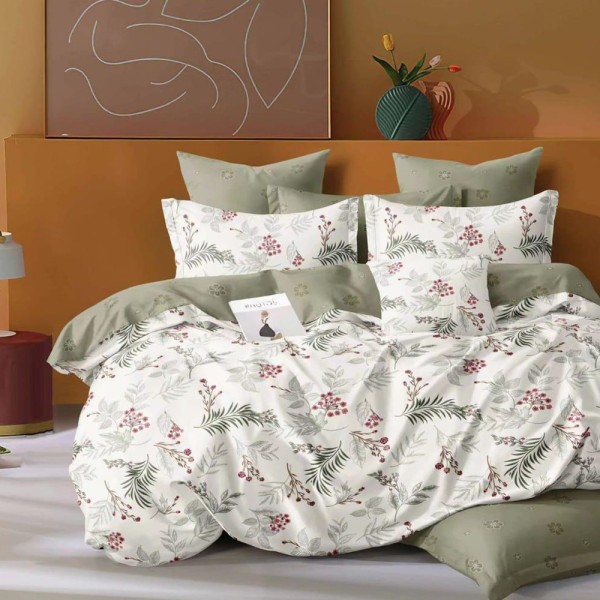 Lenjerie pat dublu (140x200cm, 160x200cm, 180x200cm), FINET, 6 piese, Alb, Vernil, flori [1]