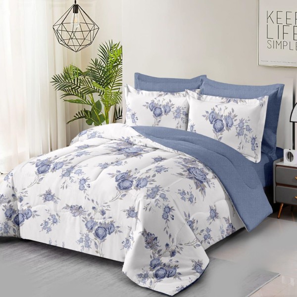 Lenjerie pat dublu (140x200cm, 160x200cm, 180x200cm), FINET, 6 piese, Alb, Bleu, flori [1]