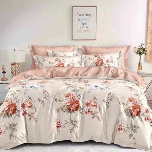 Lenjerie pat dublu (140x200cm, 160x200cm, 180x200cm), FINET, 6 piese, Bej, flori [1]