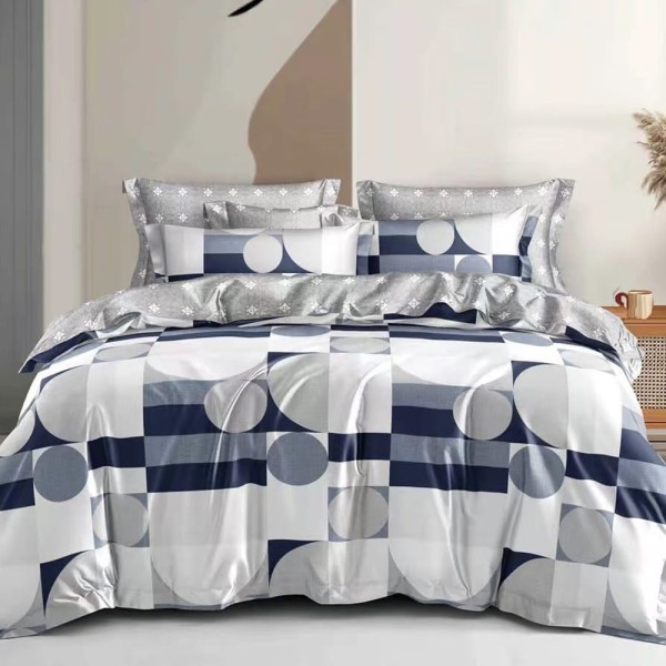 Lenjerie pat dublu (140x200cm, 160x200cm, 180x200cm), FINET, 6 piese, Albastru, Gri, forme geometrice [1]