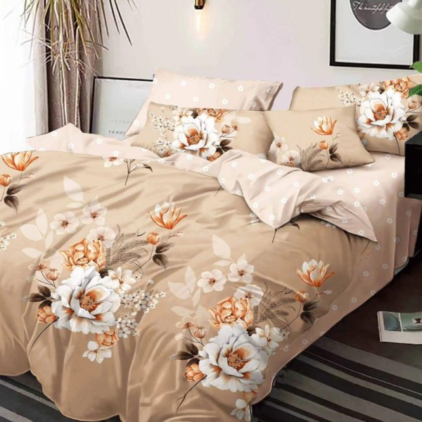 Lenjerie pat dublu (140x200cm, 160x200cm, 180x200cm), FINET, 6 piese, Bej, flori [1]