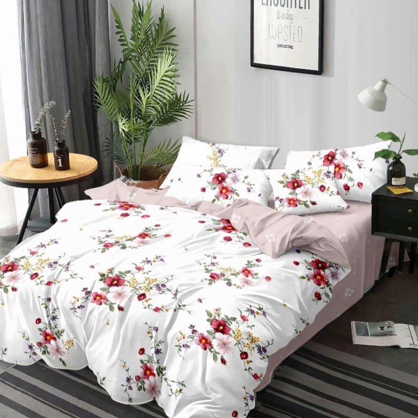 Lenjerie pat dublu (140x200cm, 160x200cm, 180x200cm), FINET, 6 piese, Alb, flori [1]