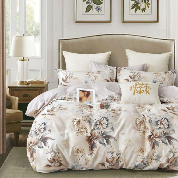 Lenjerie pat dublu (140x200cm, 160x200cm, 180x200cm), FINET, 6 piese, Crem, flori [1]