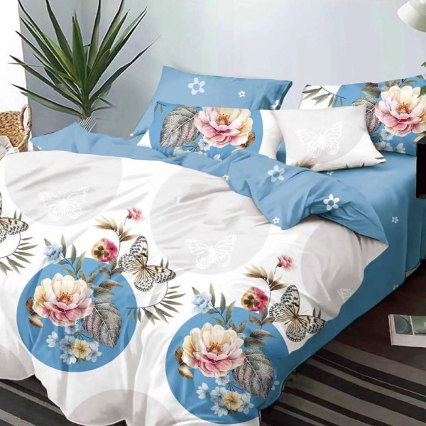 Lenjerie pat dublu (140x200cm, 160x200cm, 180x200cm), FINET, 6 piese, Alb, Bleu, flori [1]