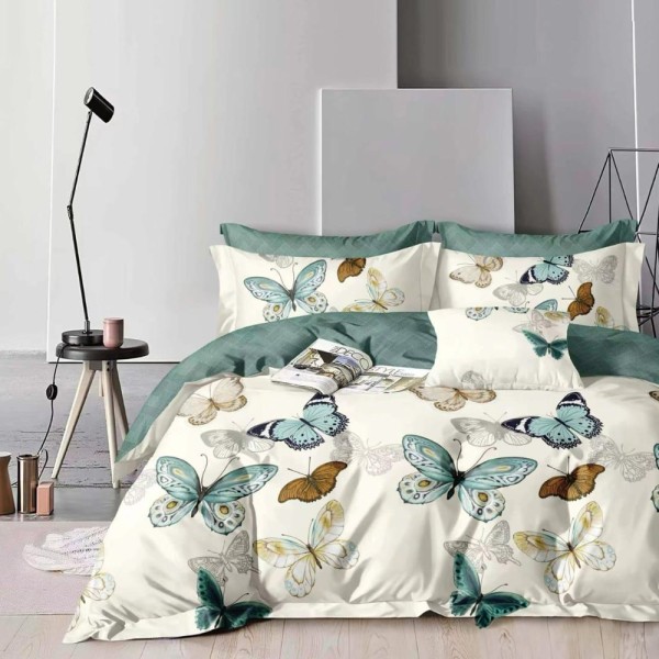 Lenjerie pat dublu (140x200cm, 160x200cm, 180x200cm), FINET, 6 piese, Crem, Verde, fluturi [1]