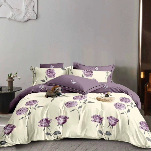 Lenjerie pat dublu (140x200cm, 160x200cm, 180x200cm), FINET, 6 piese, Crem, Mov, flori [1]