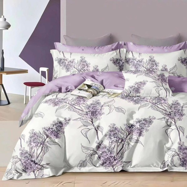 Lenjerie pat dublu (140x200cm, 160x200cm, 180x200cm), FINET, 6 piese, Alb, Mov, flori [1]