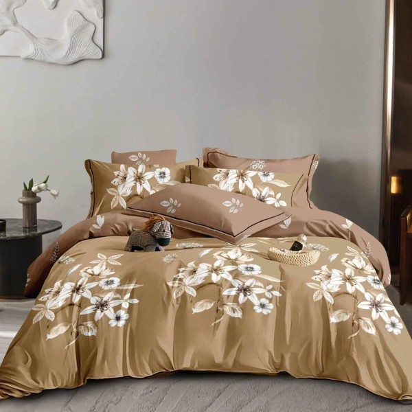Lenjerie pat dublu (140x200cm, 160x200cm, 180x200cm), FINET, 6 piese, Maro, flori [1]