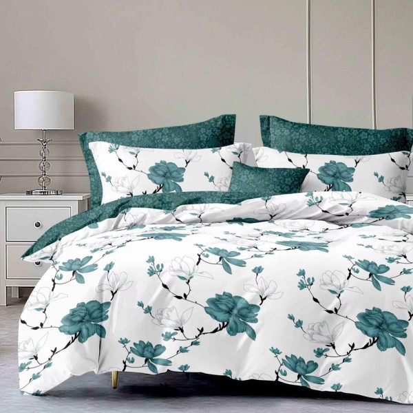 Lenjerie pat dublu (140x200cm, 160x200cm, 180x200cm), FINET, 6 piese, Alb, Verde, flori [1]