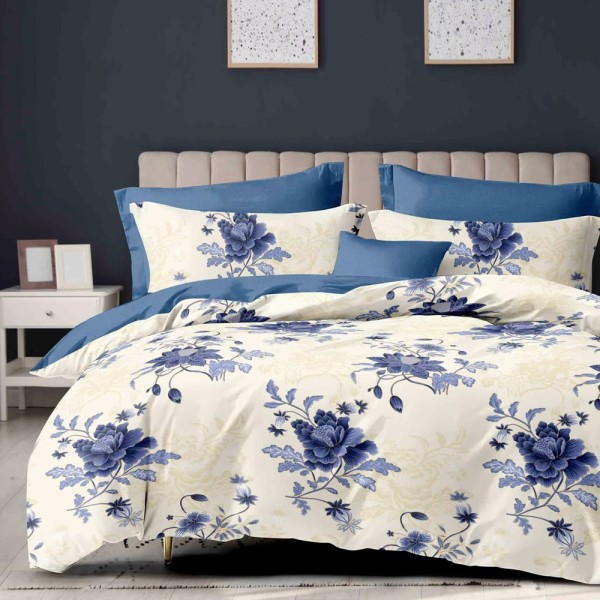 Lenjerie pat dublu (140x200cm, 160x200cm, 180x200cm), FINET, 6 piese, Albastru, Crem, flori [1]