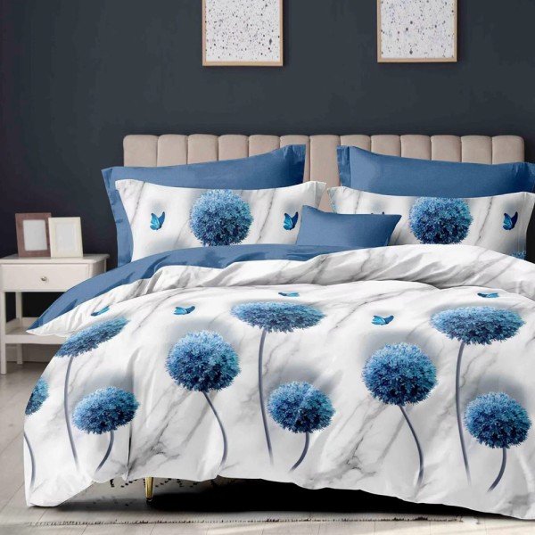 Lenjerie pat dublu (140x200cm, 160x200cm, 180x200cm), FINET, 6 piese, Albastru, Alb, flori [1]