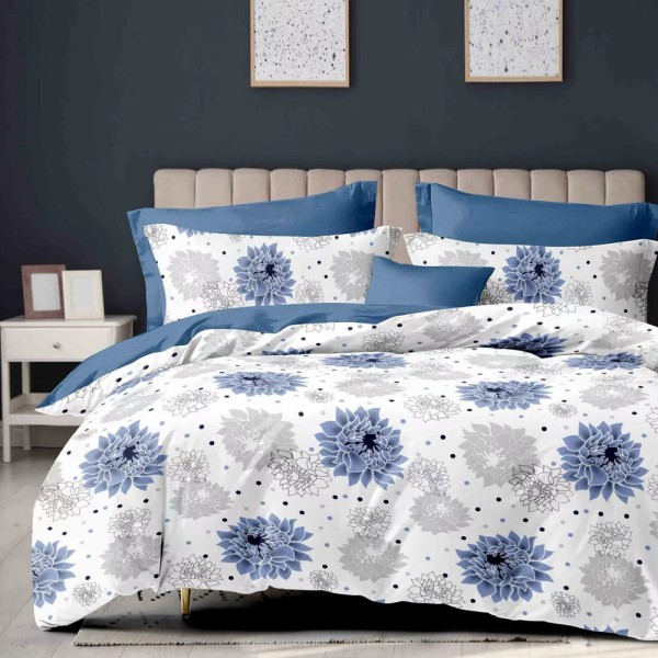 Lenjerie pat dublu (140x200cm, 160x200cm, 180x200cm), FINET, 6 piese, Albastru, Alb, flori [1]