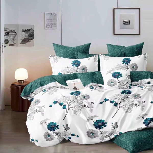 Lenjerie pat dublu (140x200cm, 160x200cm, 180x200cm), FINET, 6 piese, Verde, Alb, flori [1]