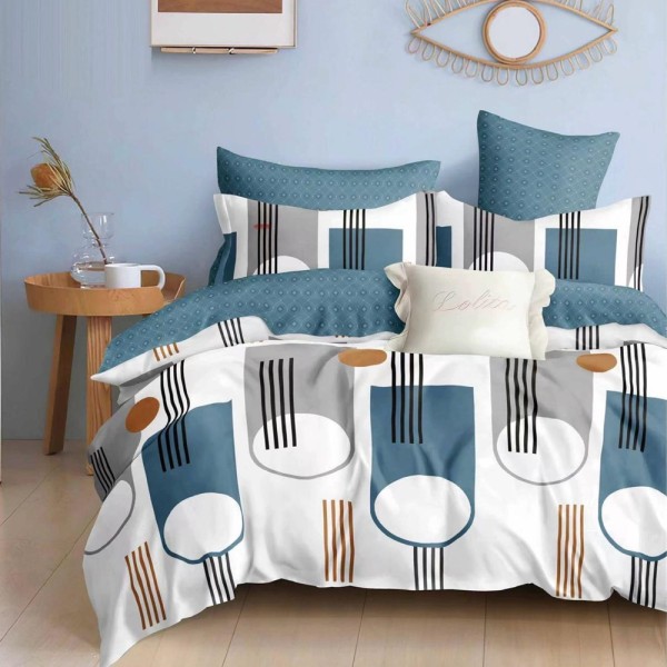 Lenjerie pat dublu (140x200cm, 160x200cm, 180x200cm), FINET, 6 piese, Crem, Albastru, forme geometrice [1]