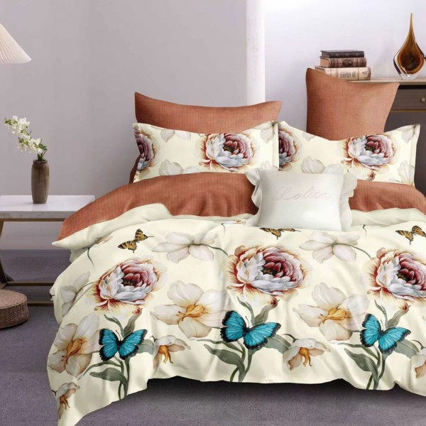 Lenjerie pat dublu (140x200cm, 160x200cm, 180x200cm), FINET, 6 piese, Crem, fluturi, flori [1]