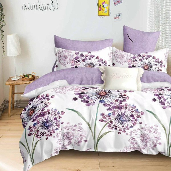 Lenjerie pat dublu (140x200cm, 160x200cm, 180x200cm), FINET, 6 piese, Alb, Mov, flori [1]