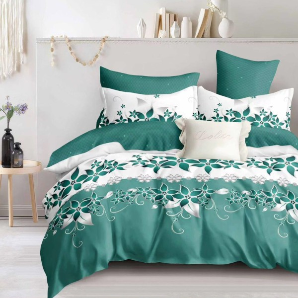 Lenjerie pat dublu (140x200cm, 160x200cm, 180x200cm), FINET, 6 piese, Alb, Verde, flori [1]