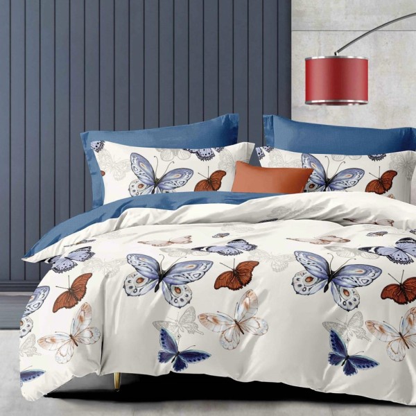 Lenjerie pat dublu (140x200cm, 160x200cm, 180x200cm), FINET, 6 piese, Crem, Albastru, fluturi [1]