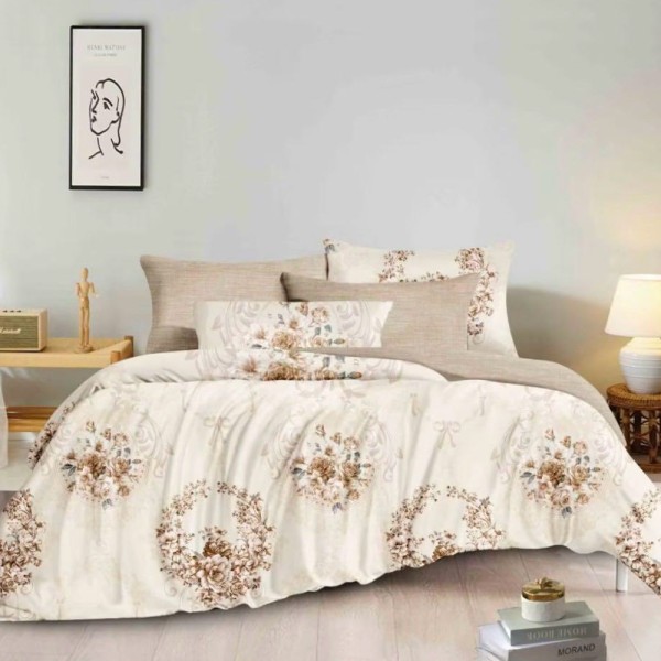 Lenjerie pat dublu (140x200cm, 160x200cm, 180x200cm), FINET, 6 piese, Crem, flori elegant [1]