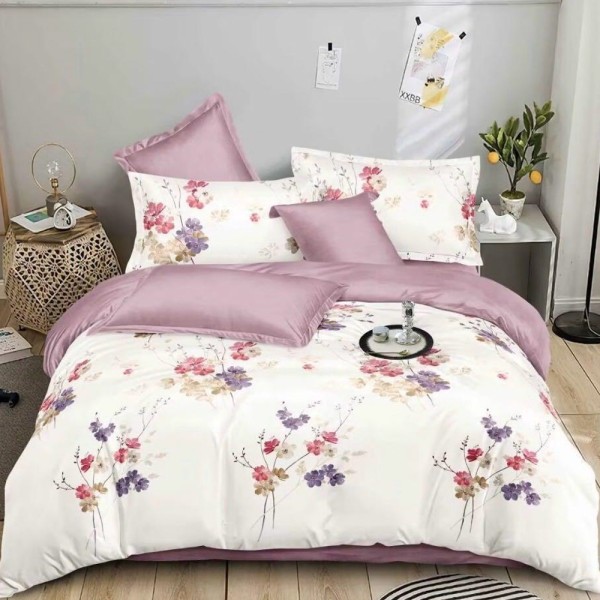 Lenjerie pat dublu (140x200cm, 160x200cm, 180x200cm), FINET, 6 piese, Lila, Crem, flori [1]