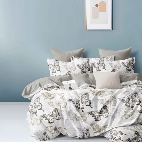 Lenjerie pat dublu (140x200cm, 160x200cm, 180x200cm), FINET, 6 piese, Grej, fluturi [1]