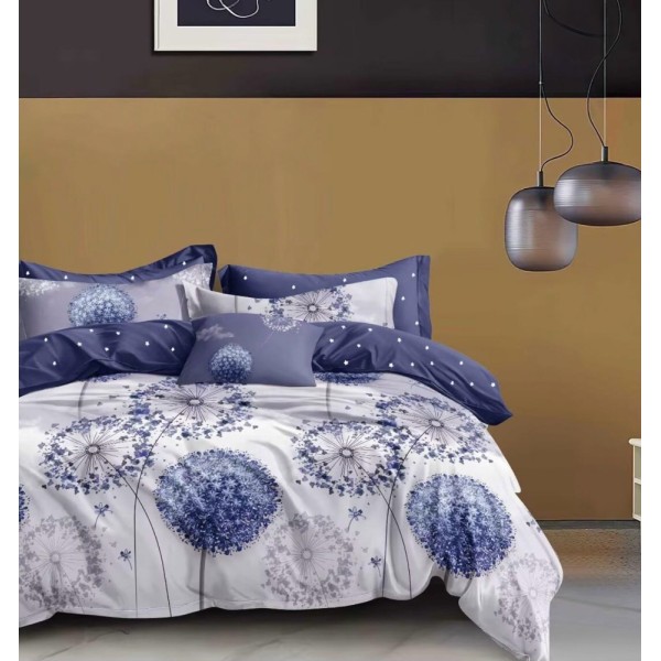 Lenjerie pat dublu (140x200cm, 160x200cm, 180x200cm), FINET, 6 piese, Alb, Albastru, flori [1]