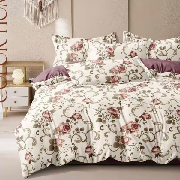 Lenjerie pat dublu (140x200cm, 160x200cm, 180x200cm), FINET, 6 piese, Crem, flori elegant [1]