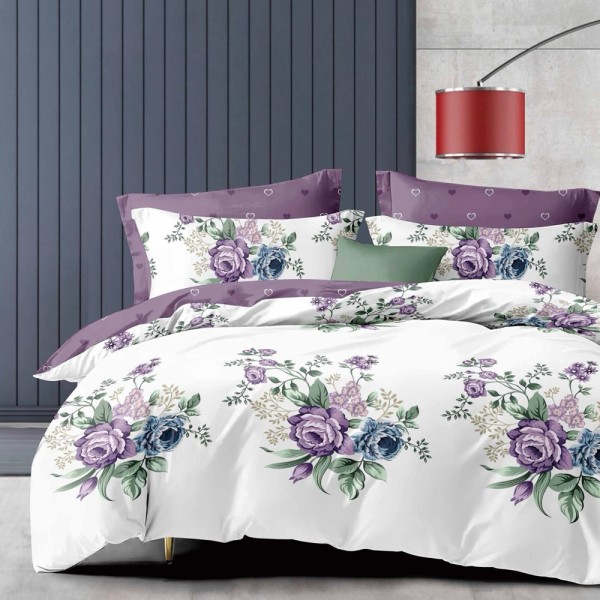 Lenjerie pat dublu (140x200cm, 160x200cm, 180x200cm), FINET, 6 piese, Alb, Mov, flori [1]