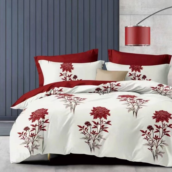 Lenjerie pat dublu (140x200cm, 160x200cm, 180x200cm), FINET, 6 piese, Alb, Rosu, flori [1]