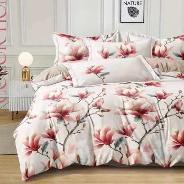 Lenjerie pat dublu (140x200cm, 160x200cm, 180x200cm), FINET, 6 piese, Crem, magnolii [1]