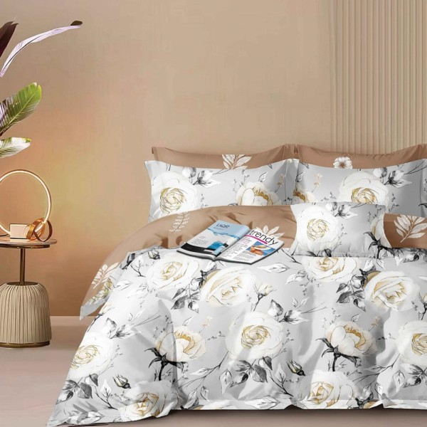 Lenjerie pat dublu (140x200cm, 160x200cm, 180x200cm), FINET, 6 piese, Bej, trandafiri [1]