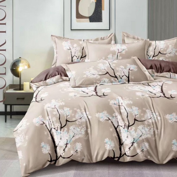 Lenjerie pat dublu (140x200cm, 160x200cm, 180x200cm), FINET, 6 piese, Bej, crengute cu flori [1]