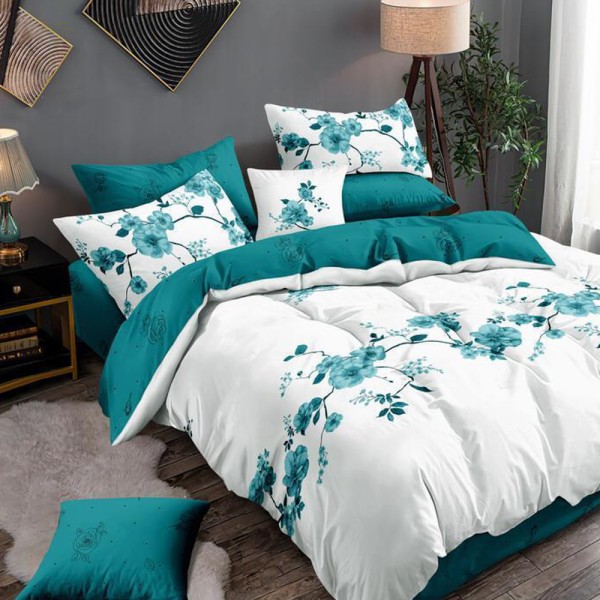 Lenjerie pat dublu (140x200cm, 160x200cm, 180x200cm), FINET, 6 piese, Alb, Bleu, flori [1]