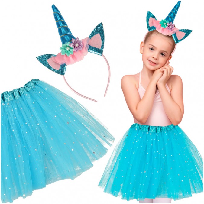 Costum unicorn pentru fetite fusta tull si coronita albastru 3-6 ani