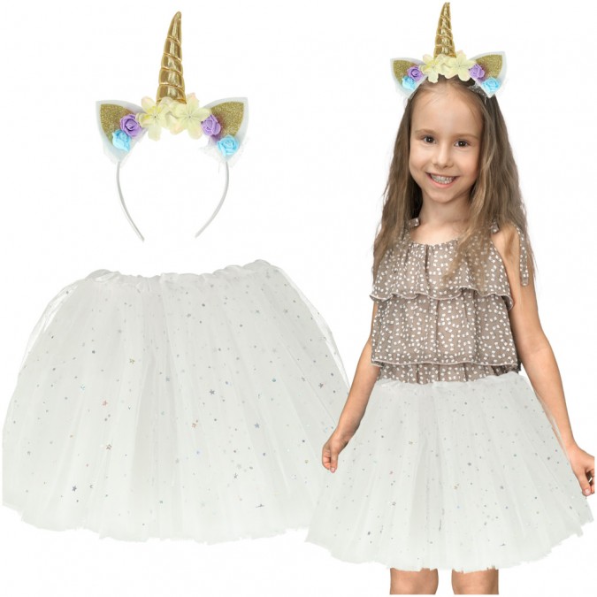 Costum carnaval unicorn pentru fetite fusta tull si bentita alb-auriu 3-6 ani
