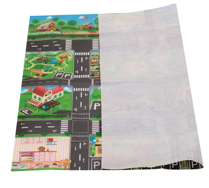 Covoras de joaca pentru copii cu imprimeu oras, include indicatoare rutiere, impermeabil, 130x100cm