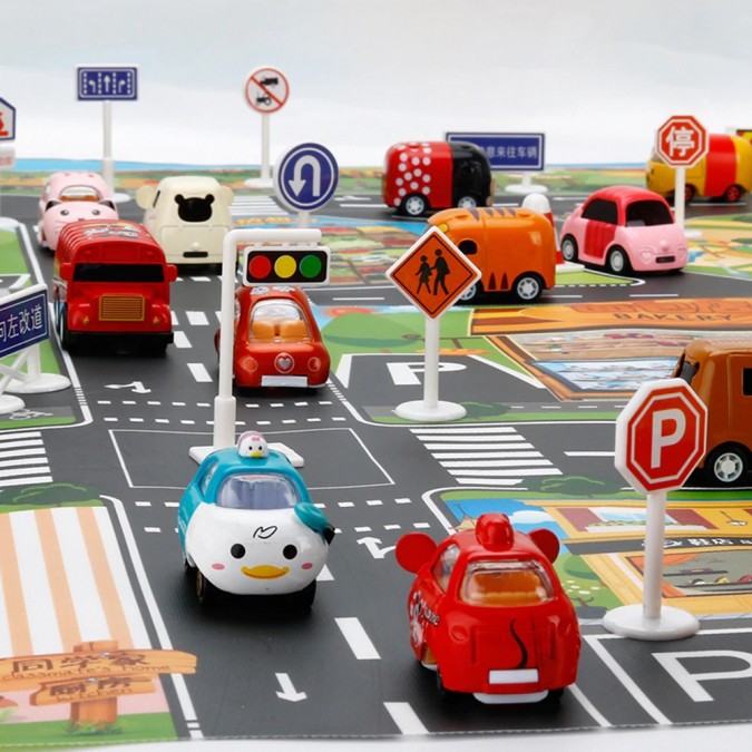 Covoras de joaca pentru copii cu imprimeu oras include indicatoare rutiere impermeabil 130x100cm