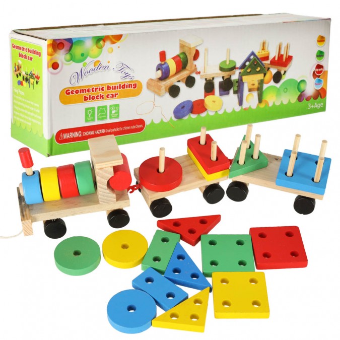 Puzzle de dexteritate de sortare din lemn tren locomotiva + vagoane 30cm