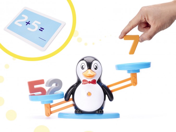 Balanta educationala pentru invatarea numerelor, Model pinguin, Plastic, +3 ani, 34.5x9.5x17 cm, Multicolor
