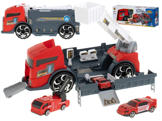 Camion de transport TIR 2in1 parcare garaj de pompieri + 3 mașini roșu
