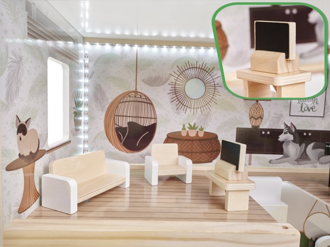 Casuta de papusi din lemn BOHO ICON cu 3 etaje si 15 accesorii de mobilier incluse, iluminat LED, 62 x 26.5 x 78 cm