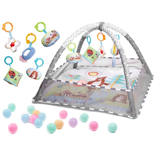 Covoras educational 3in1 pentru cei mici, include 18 bile si 3 jucarii zornaitoare, 76 x 76 cm, gri [1]