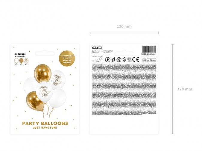 Baloane pentru ziua de nastere, alb/auriu, 30 cm, 6 buc
