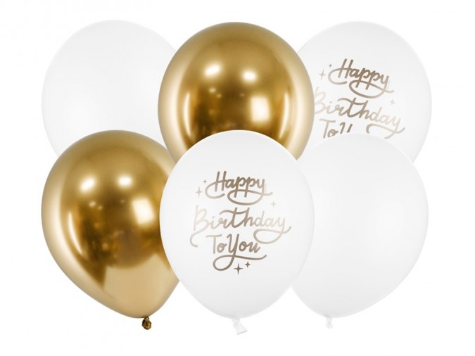 Baloane pentru ziua de nastere, alb/auriu, 30 cm, 6 buc