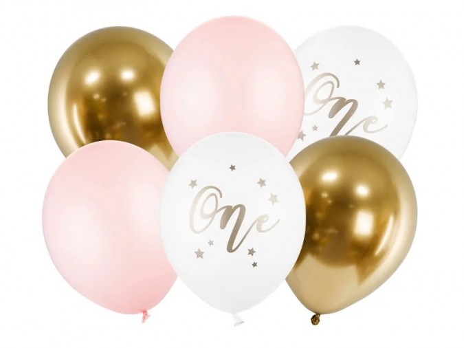 Baloane pentru ziua de nastere, alb, auriu, roz, 30 cm, 5 buc