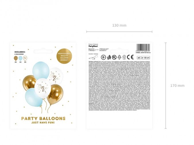 Baloane pentru ziua de nastere, alb, auriu, albastru deschis, 30 cm, 6 buc